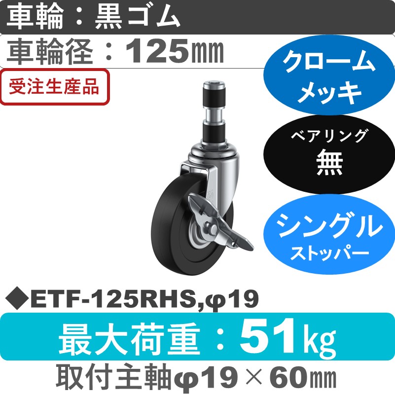 ETF-125RHS,φ19 ユーエイキャスター ストッパー付差し込み式 ゴム車輪125㎜
