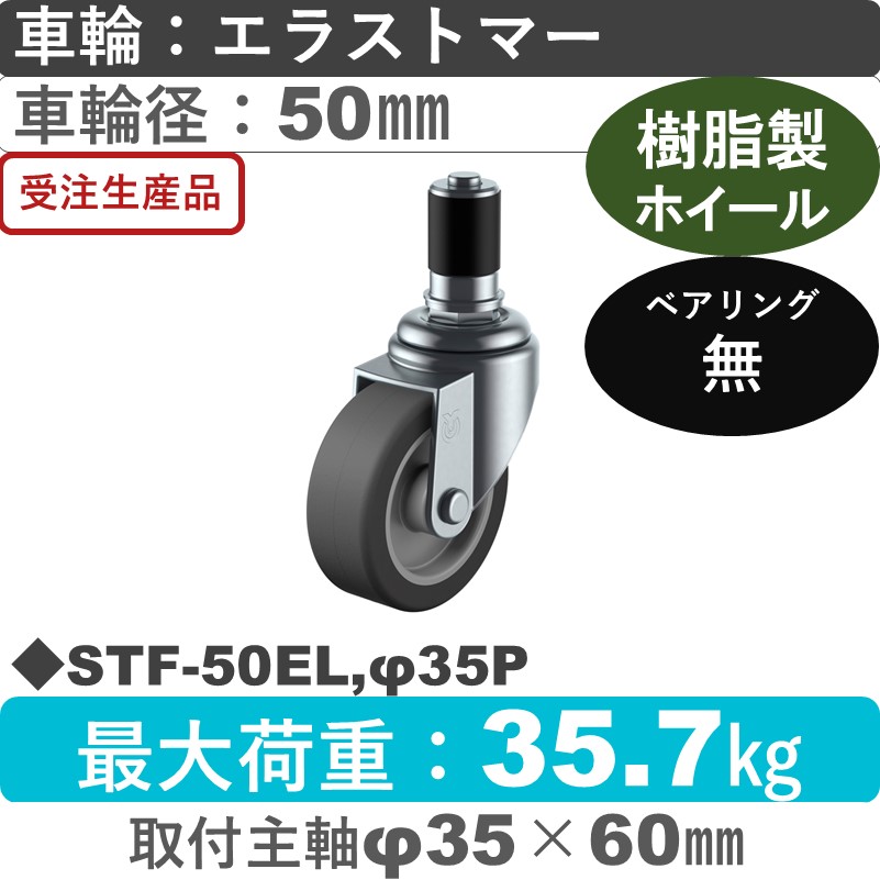 STF-50EL,φ35P ユーエイキャスター 差し込み式 エラストマー車輪50㎜
