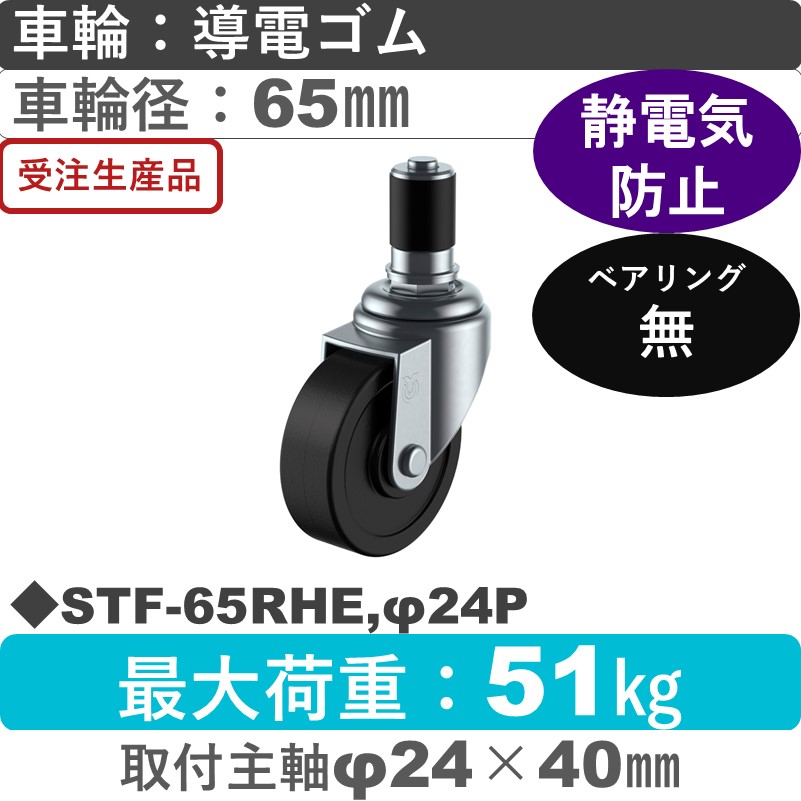 STF-65RHE,φ24P ユーエイキャスター 差し込み式 導電ゴム車輪65㎜