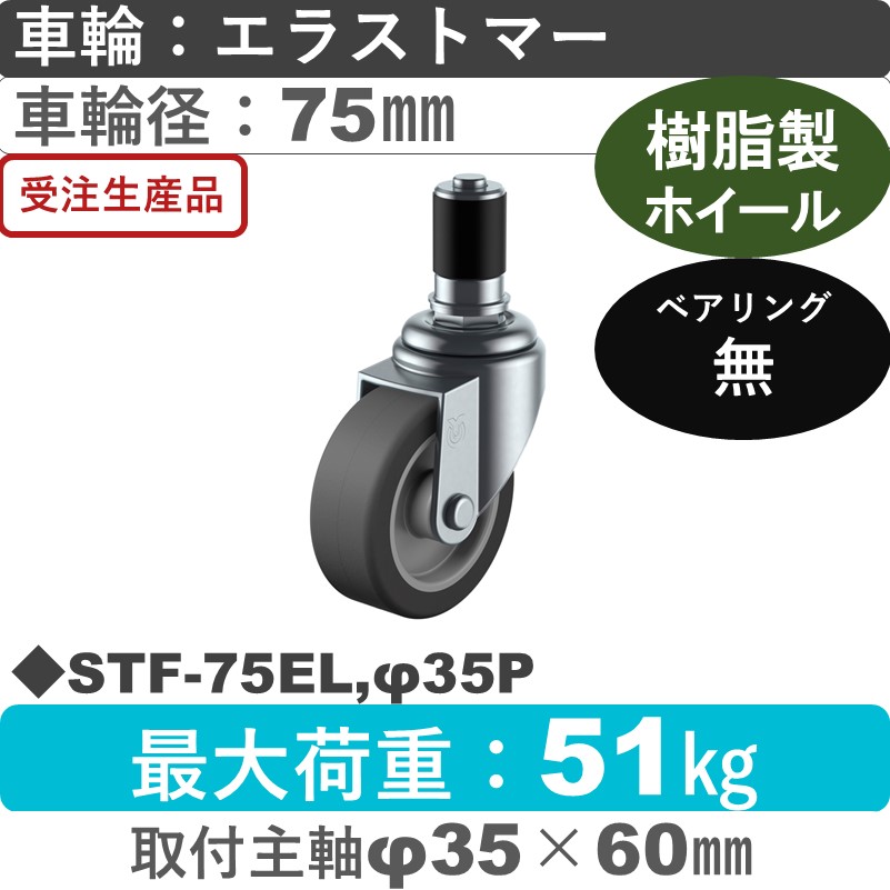 STF-75EL,φ35P ユーエイキャスター 差し込み式 エラストマー車輪75㎜