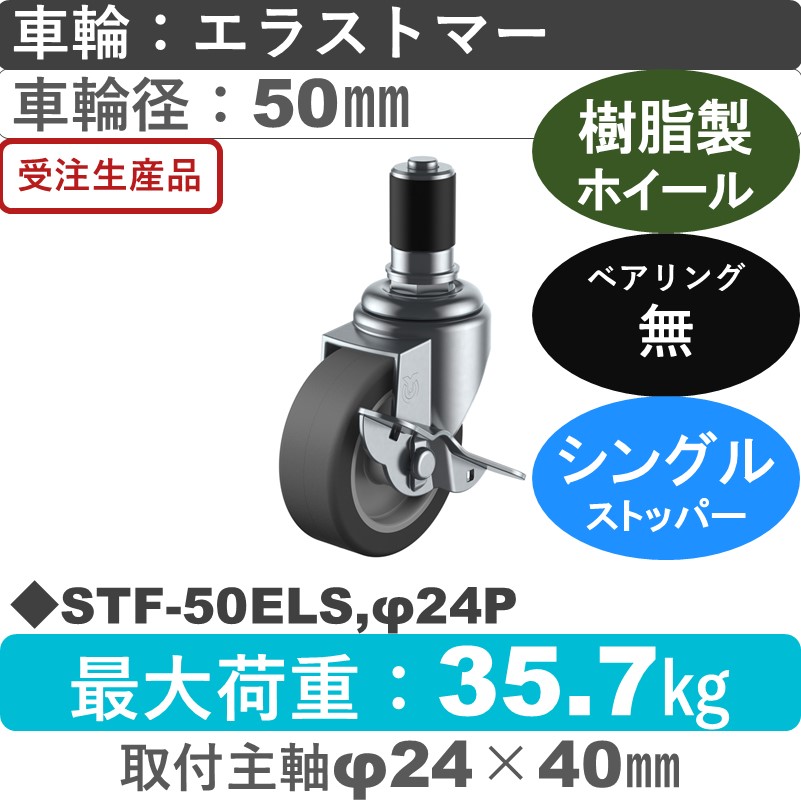 STF-50ELS,φ24P ユーエイキャスター ストッパー付差し込み式 エラストマー車輪50㎜