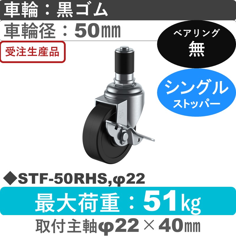STF-50RHS,φ22 ユーエイキャスター ストッパー付差し込み式 ゴム車輪50㎜