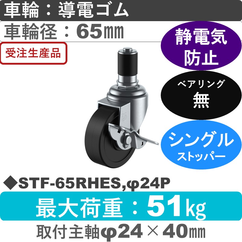 STF-65RHES,φ24P ユーエイキャスター ストッパー付差し込み式 導電ゴム車輪65㎜