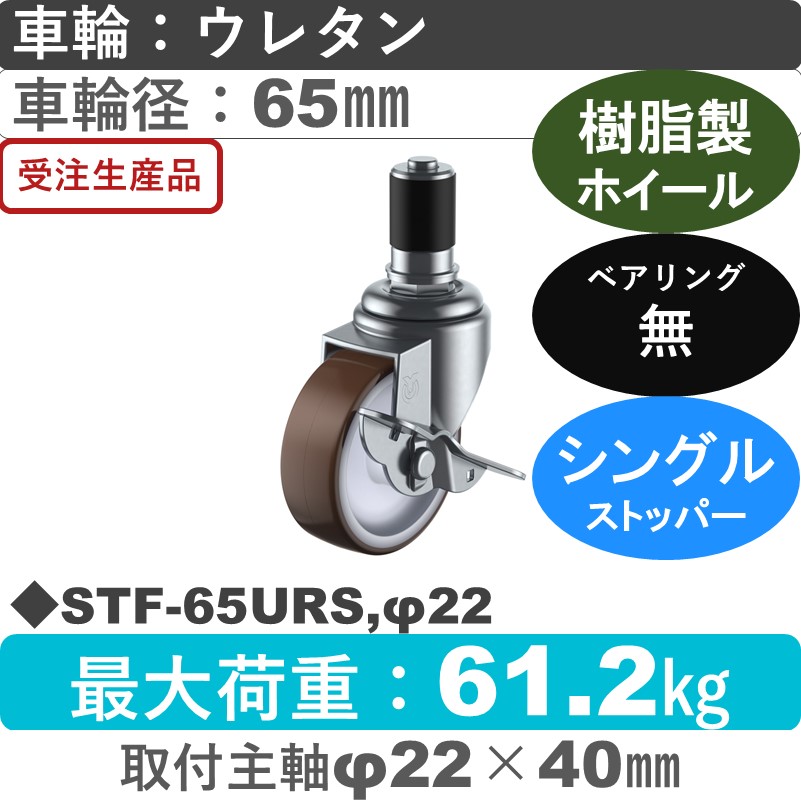 STF-65URS,φ22 ユーエイキャスター ストッパー付差し込み式 ウレタン車輪65㎜