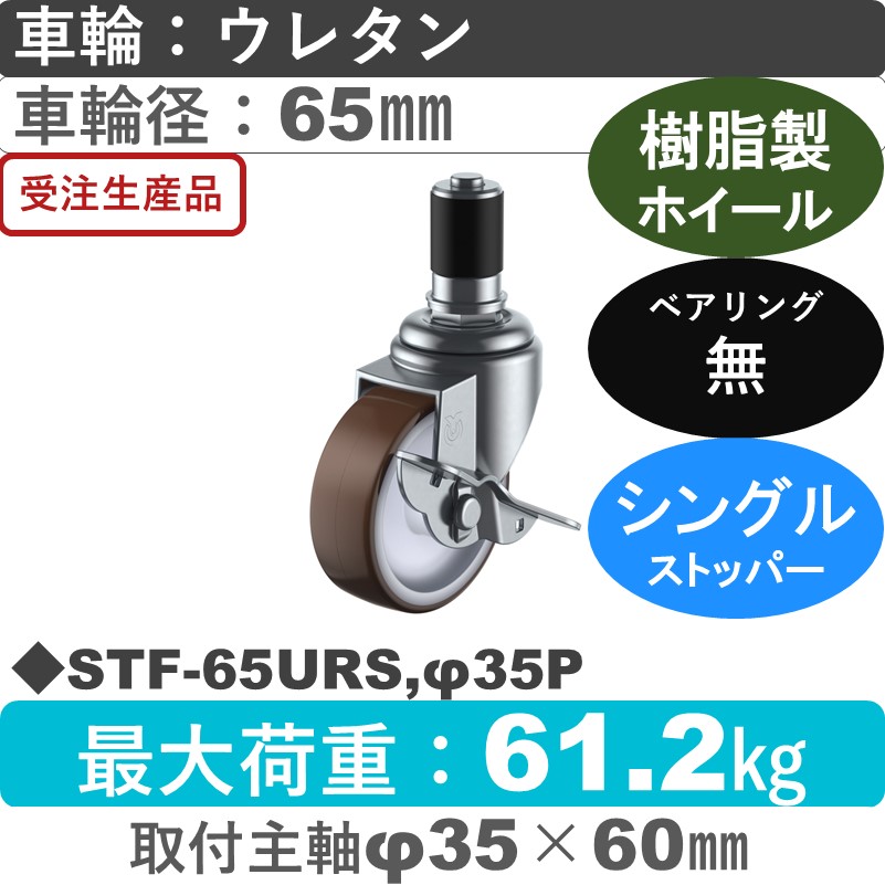 STF-65URS,φ35P ユーエイキャスター ストッパー付差し込み式 ウレタン車輪65㎜