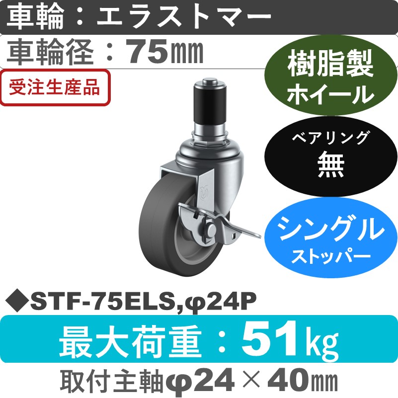 STF-75ELS,φ24P ユーエイキャスター ストッパー付差し込み式 エラストマー車輪75㎜