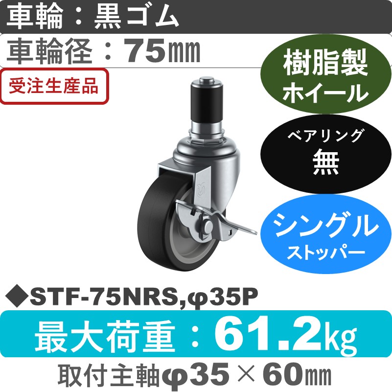 STF-75NRS,φ35P ユーエイキャスター ストッパー付差し込み式 ゴム車輪75㎜