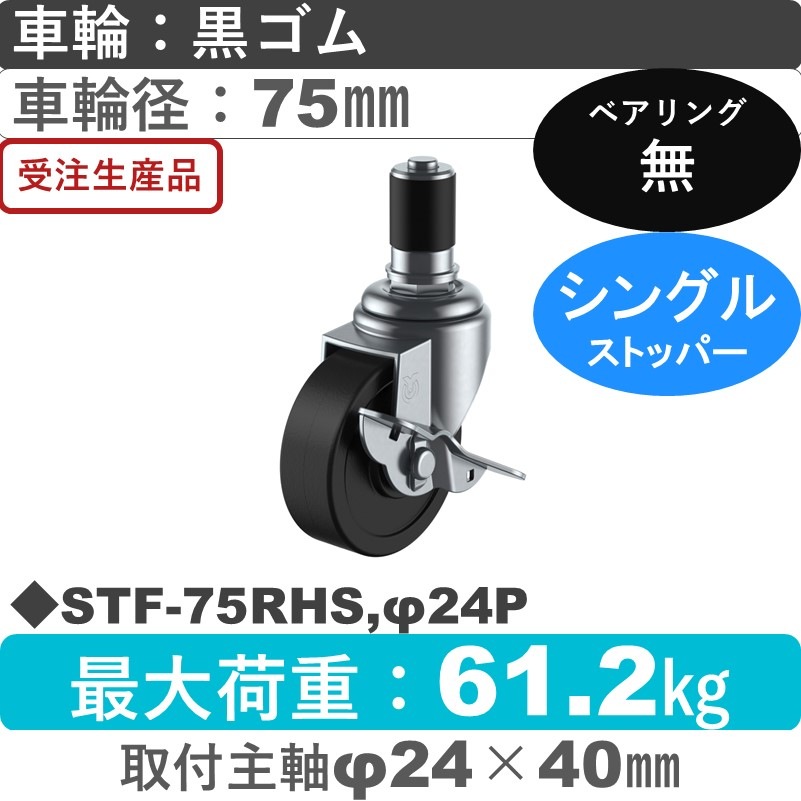 STF-75RHS,φ24P ユーエイキャスター ストッパー付差し込み式 ゴム車輪75㎜