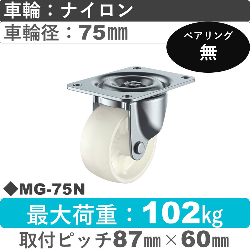MG-75N ユーエイキャスター 自在金具 ナイロン車輪75㎜