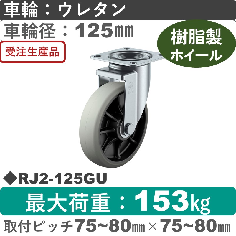 RJ2-125GU ユーエイキャスター 自在金具 ウレタン(B入)車輪125㎜