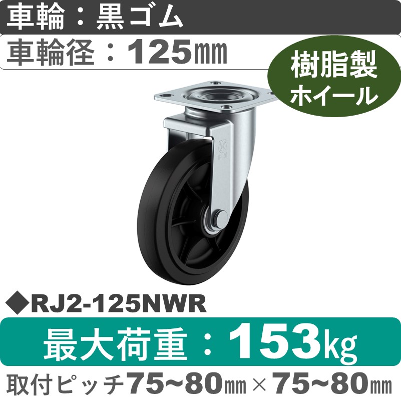 RJ2-125NWR ユーエイキャスター 自在金具 ゴム(B入)車輪125㎜