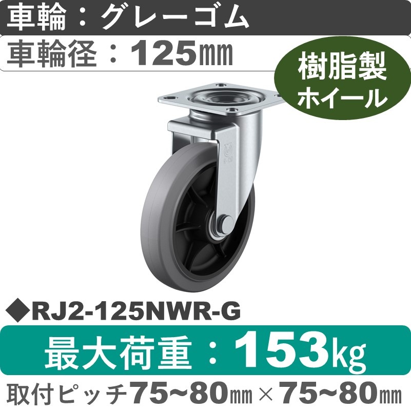 RJ2-125NWR-G ユーエイキャスター 自在金具 ゴム(B入)(グレー)車輪125㎜