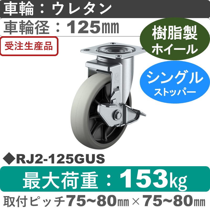 RJ2-125GUS ユーエイキャスター ストッパー付自在金具 ウレタン(B入)車輪125㎜