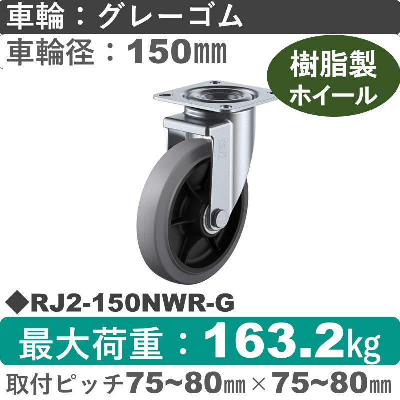 RJ2-150NWR-G ユーエイキャスター 自在金具 ゴム(B入)(グレー)車輪150㎜