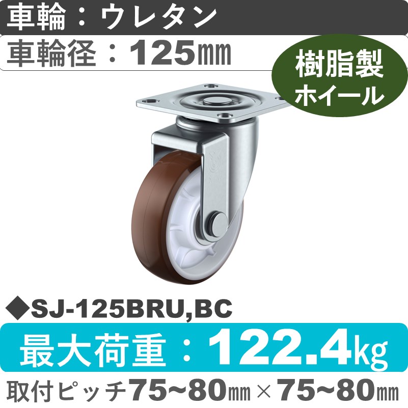 SJ-125BRU,BC ユーエイキャスター 自在金具 ウレタン(B入)車輪125㎜