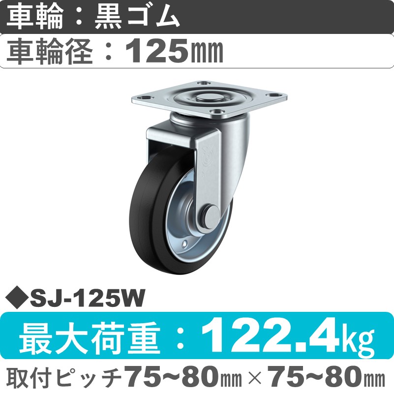 SJ-125W ユーエイキャスター 自在金具 ゴム(B入)車輪125㎜