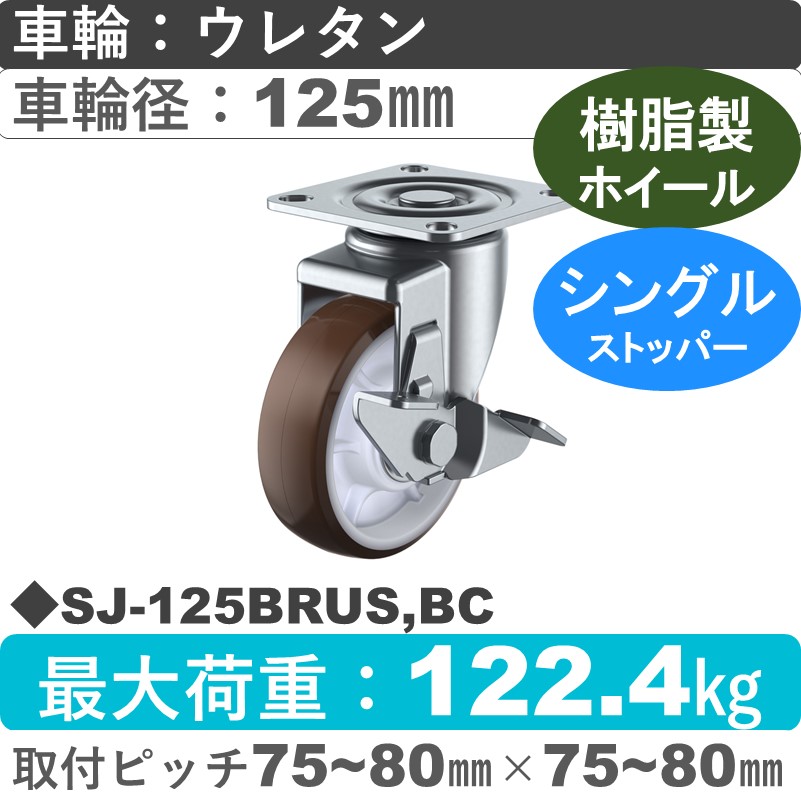 SJ-125BRUS,BC ユーエイキャスター ストッパー付自在金具 ウレタン(B入)車輪125㎜