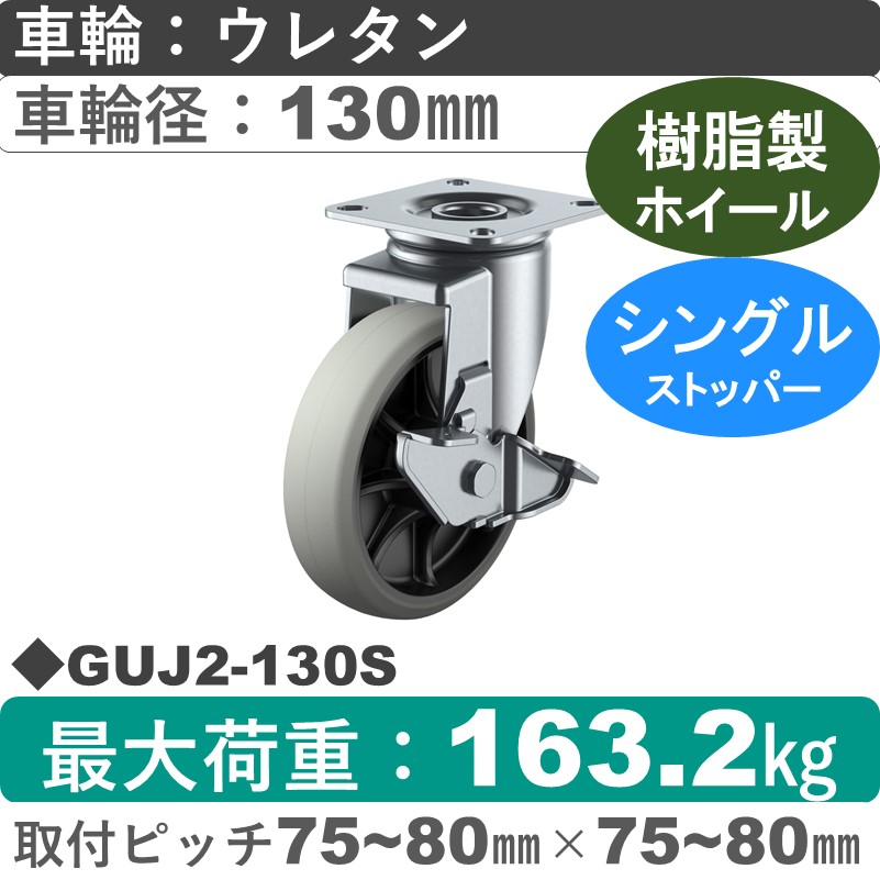 GUJ2-130S ユーエイキャスター ストッパー付自在金具 ウレタン(B入)車輪130㎜