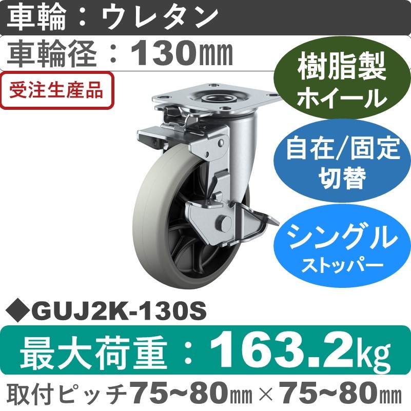 GUJ2K-130S ユーエイキャスター ストッパー付自在固定切替金具 ウレタン(B入)車輪130㎜