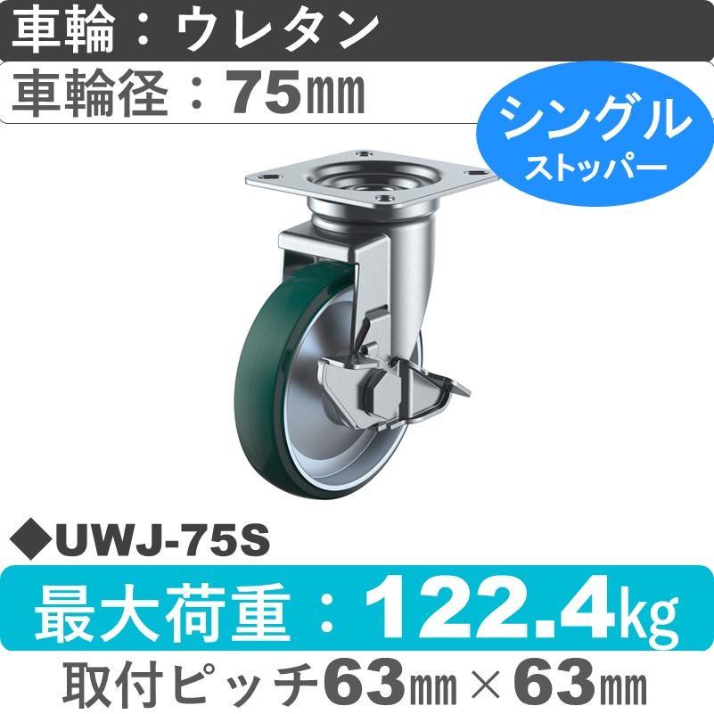 UWJ-75S ユーエイキャスター ストッパー付自在金具 ウレタン(B入)車輪75㎜