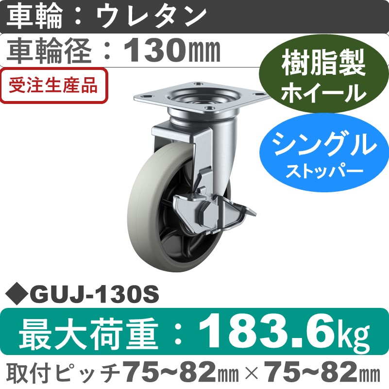 GUJ-130S ユーエイキャスター ストッパー付自在金具 ウレタン(B入)車輪130㎜