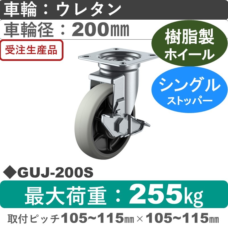 GUJ-200S ユーエイキャスター ストッパー付自在金具 ウレタン(B入)車輪200㎜