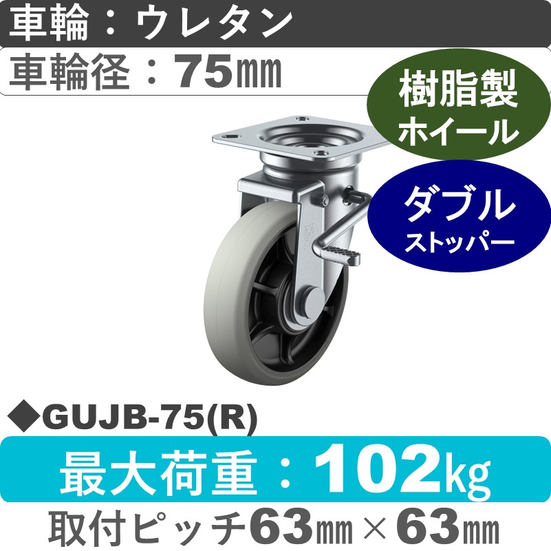 GUJB-75(R) ユーエイキャスター ストッパー付自在金具 ウレタン(B入)車輪75㎜