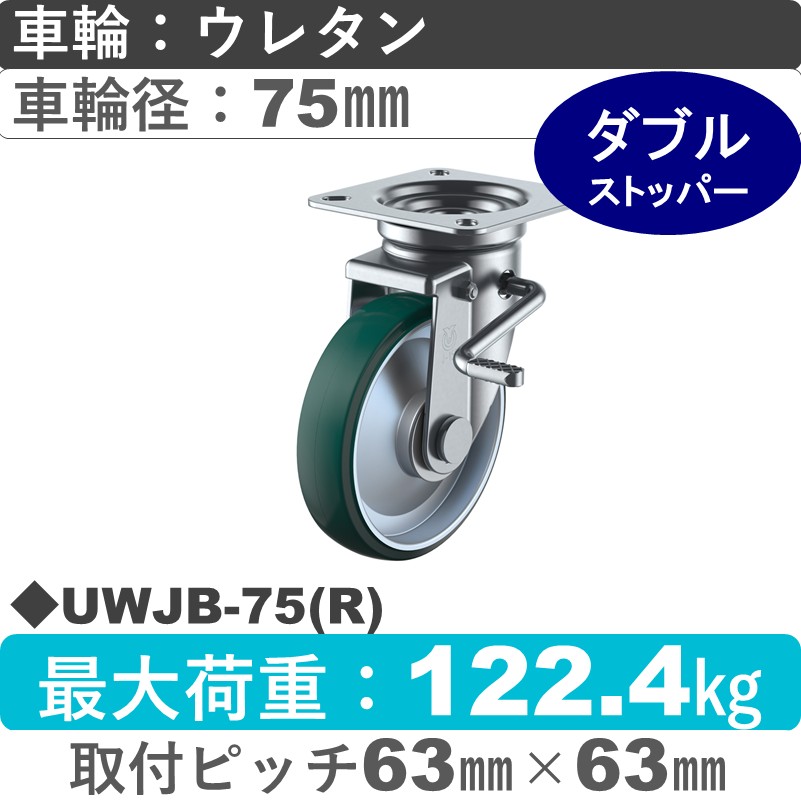 UWJB-75(R) ユーエイキャスター ストッパー付自在金具 ウレタン(B入)車輪75㎜