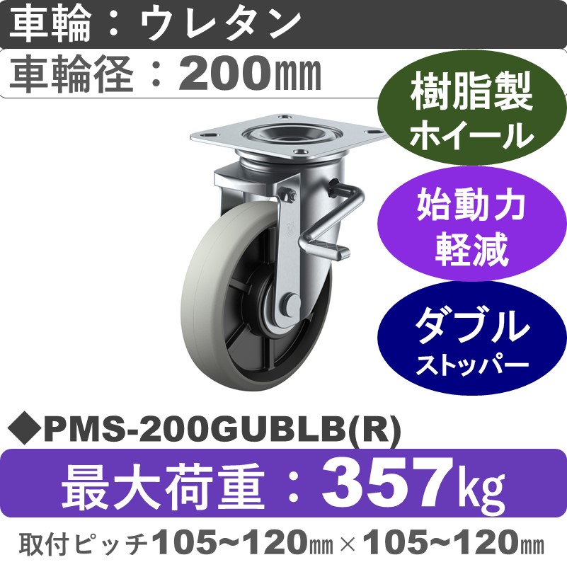 PMS-200GUBLB(R) ユーエイキャスター ストッパー付自在金具 ウレタン(B入)車輪200㎜