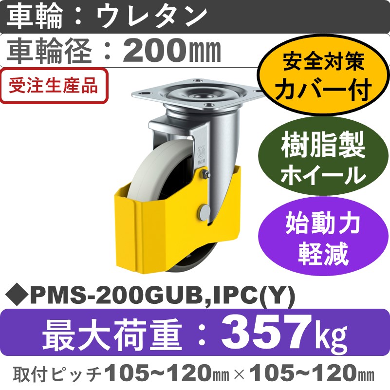 PMS-200GUB,IPC(Y) ユーエイキャスター 巻き込み防止カバー付 自在金具 ウレタン(B入)車輪200㎜
