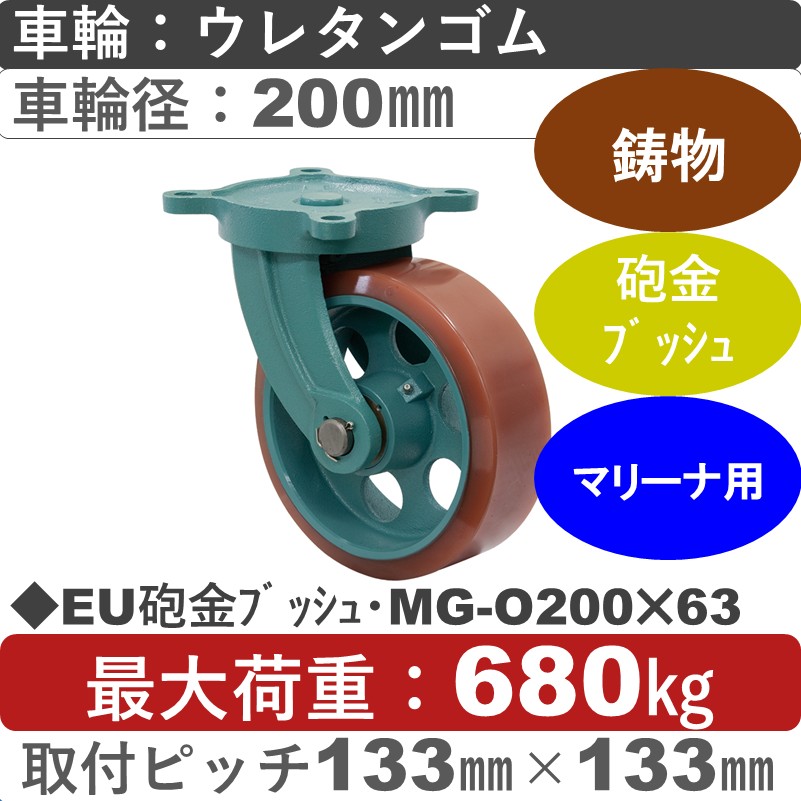 EU砲金ﾌﾞｯｼｭ･MG-O200×63 岡本工機 鋳物自在金具 鋳物/幅広ウレタン車輪200㎜