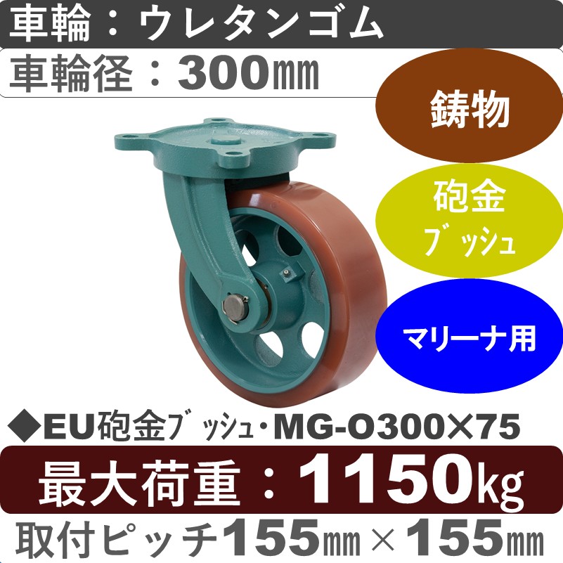EU砲金ﾌﾞｯｼｭ･MG-O300×75 岡本工機 鋳物自在金具 鋳物/幅広ウレタン車輪300㎜