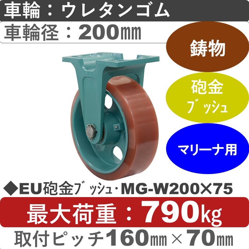EU砲金ﾌﾞｯｼｭ･MG-W200×75 岡本工機 鋳物固定金具 鋳物/幅広ウレタン車輪200㎜