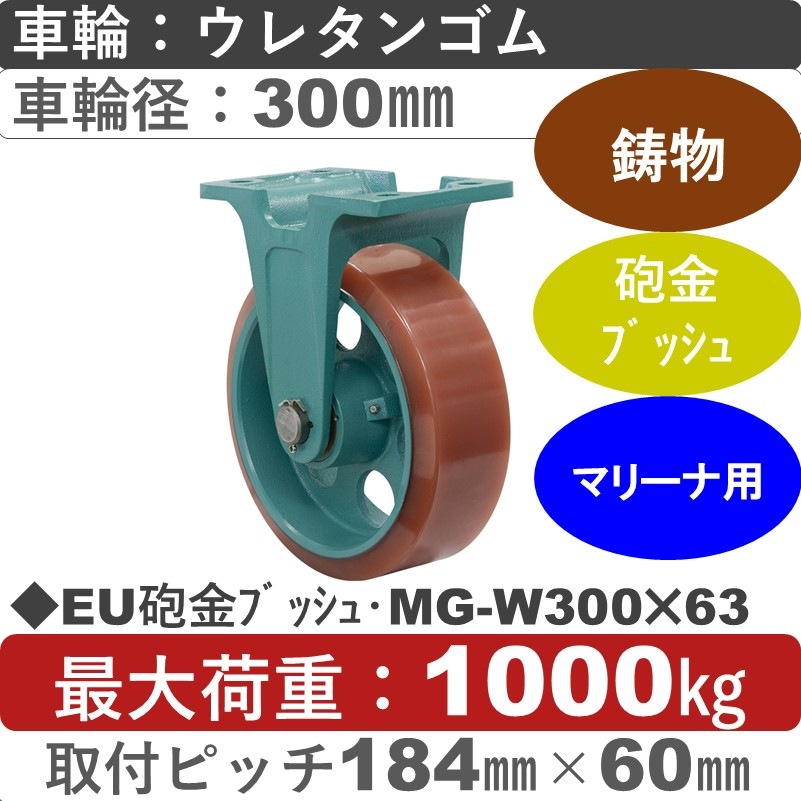 EU砲金ﾌﾞｯｼｭ･MG-W300×63 岡本工機 鋳物固定金具 鋳物/幅広ウレタン車輪300㎜