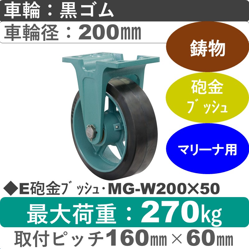 E砲金ﾌﾞｯｼｭ･MG-W200×50 岡本工機 鋳物固定金具 鋳物/幅広ゴム車輪200㎜
