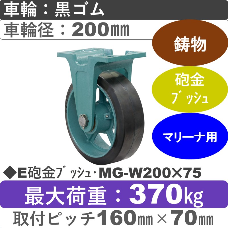 E砲金ﾌﾞｯｼｭ･MG-W200×75 岡本工機 鋳物固定金具 鋳物/幅広ゴム車輪200㎜