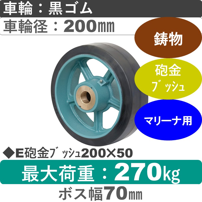E200×50砲金ﾌﾞｯｼｭ 岡本工機 　鋳物/幅広ゴム車輪200㎜