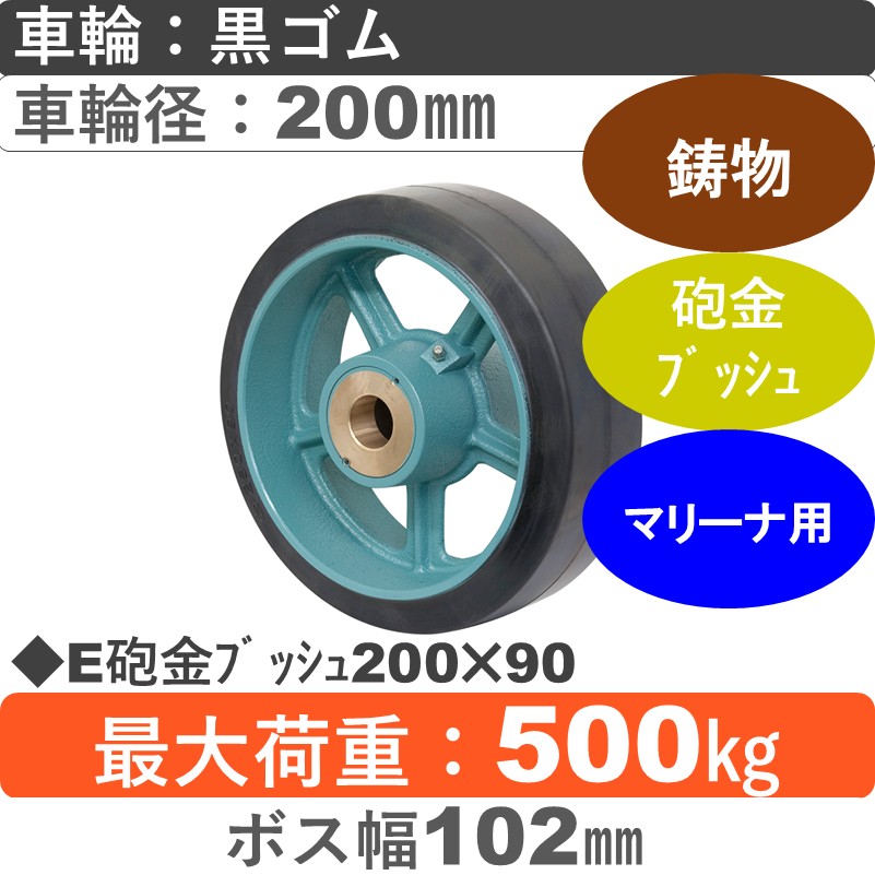 E200×90砲金ﾌﾞｯｼｭ 岡本工機 　鋳物/幅広ゴム車輪200㎜