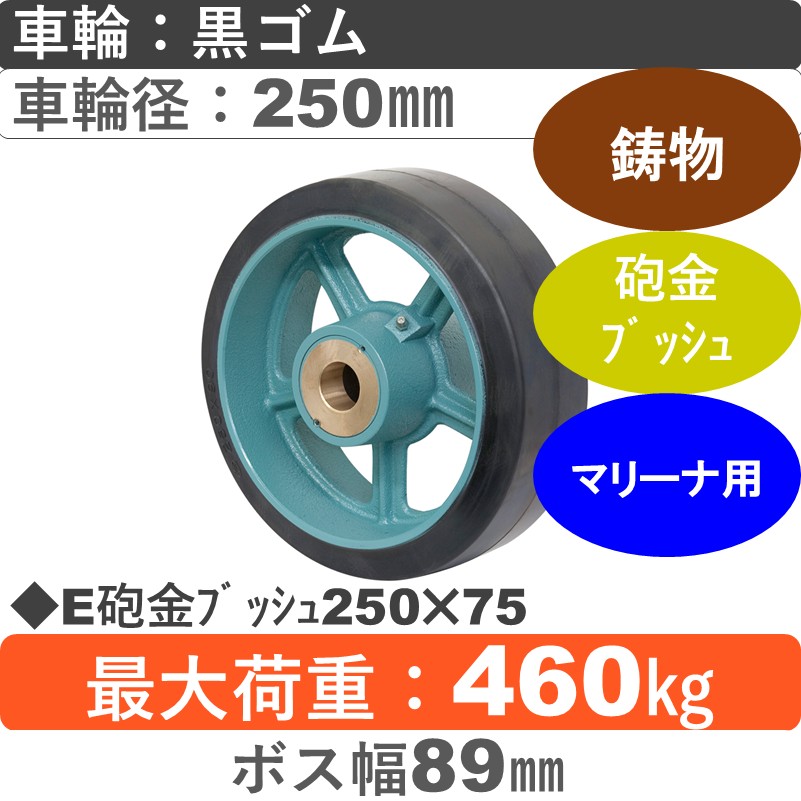 E250×75砲金ﾌﾞｯｼｭ 岡本工機 　鋳物/幅広ゴム車輪250㎜