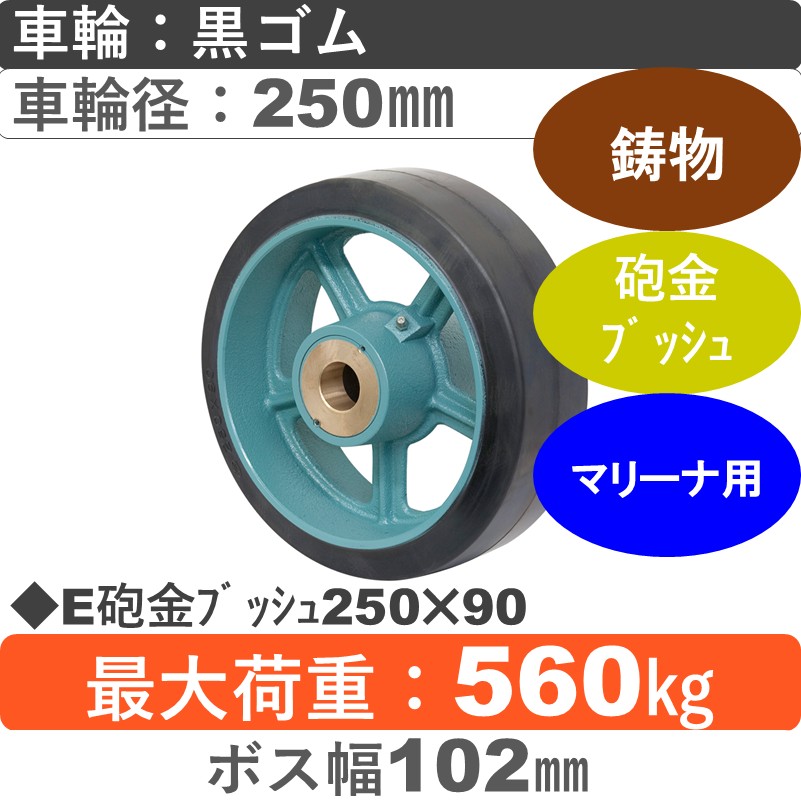 E250×90砲金ﾌﾞｯｼｭ 岡本工機 　鋳物/幅広ゴム車輪250㎜