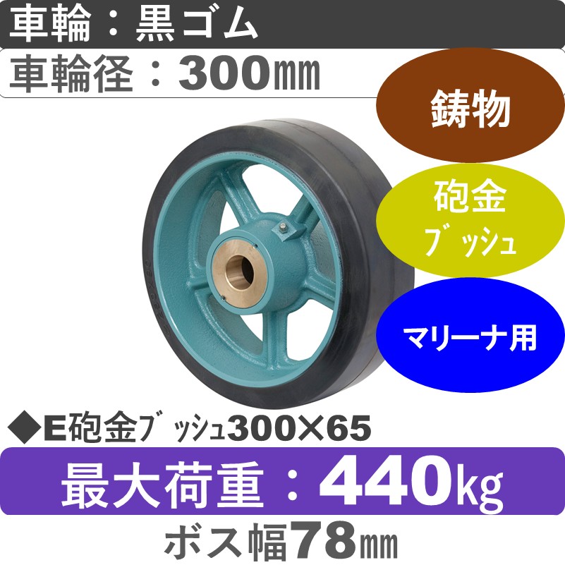 E300×65砲金ﾌﾞｯｼｭ 岡本工機 　鋳物/幅広ゴム車輪300㎜