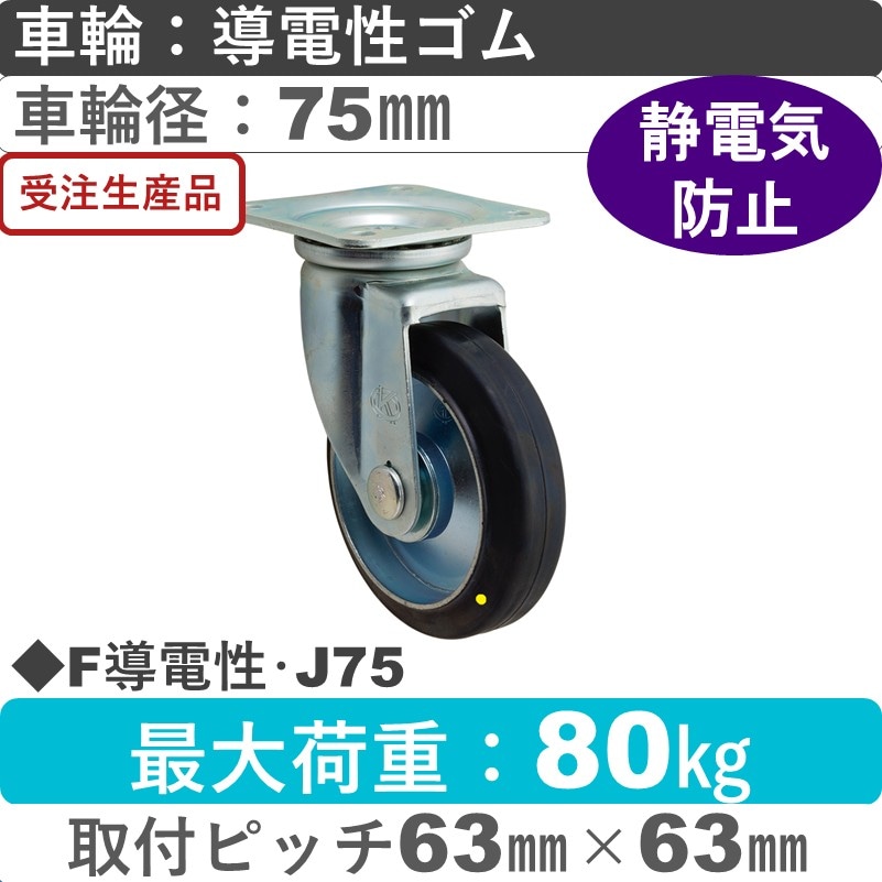 F導電性･J75 岡本工機 自在金具 導電性ゴム車輪75㎜