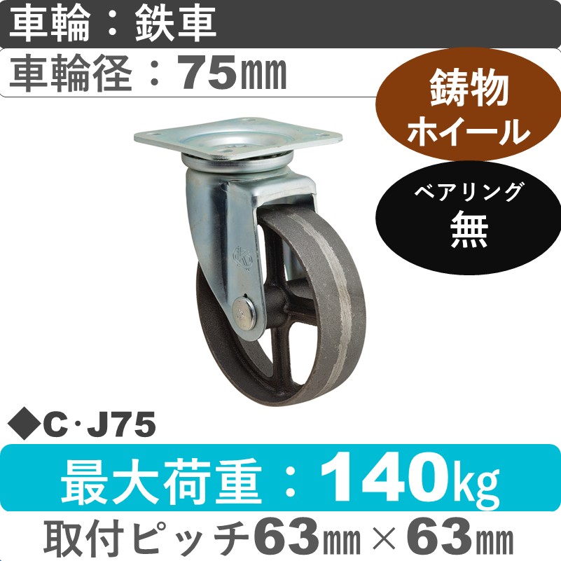 C･J75 岡本工機 自在金具 鋳物/鉄車車輪75㎜