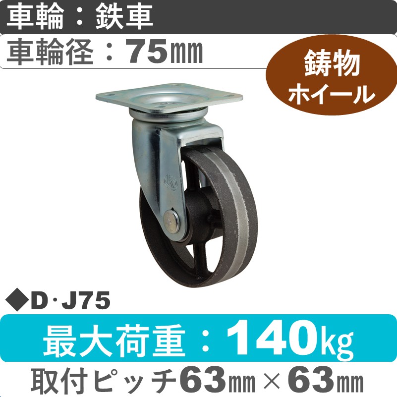 D･J75 岡本工機 自在金具 鋳物/鉄車車輪75㎜