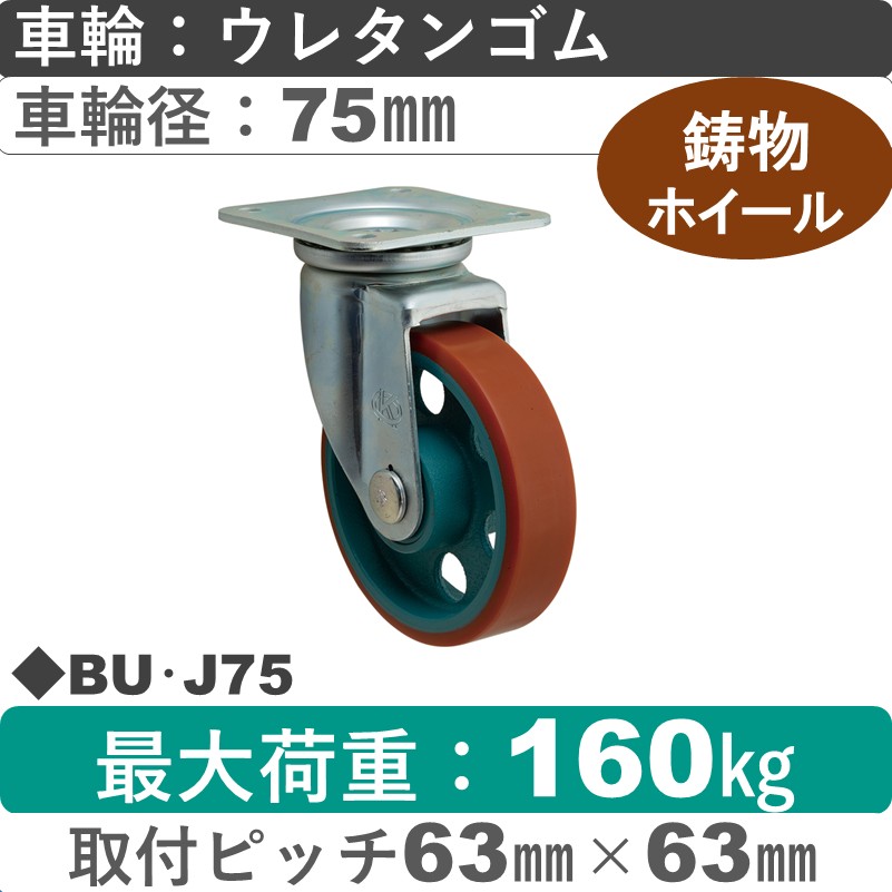 BU･J75 岡本工機 自在金具 鋳物/ウレタン車輪75㎜