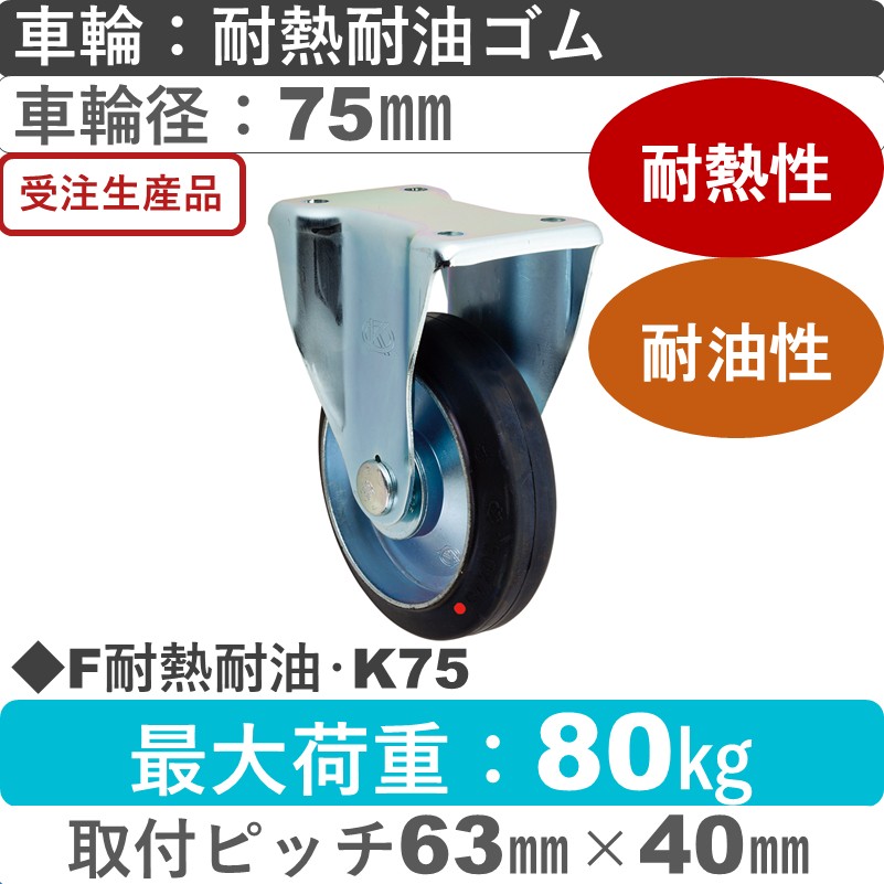 F耐熱耐油･K75 岡本工機 固定金具 耐熱耐油ゴム車輪75㎜