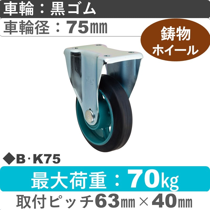 B･K75 岡本工機 固定金具 鋳物/ゴム車輪75㎜