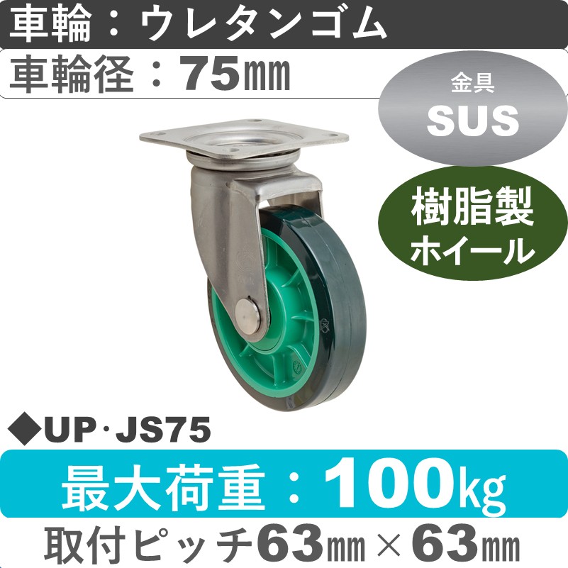 UP･JS75 岡本工機 ステンレス自在金具 樹脂/ウレタン車輪75㎜