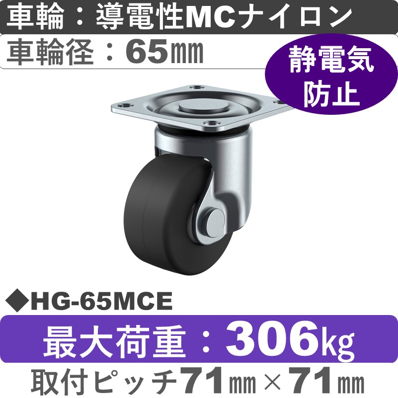 HG-65MCE ユーエイキャスター 自在金具 導電性モノマーキャストナイロン(B入)車輪65㎜