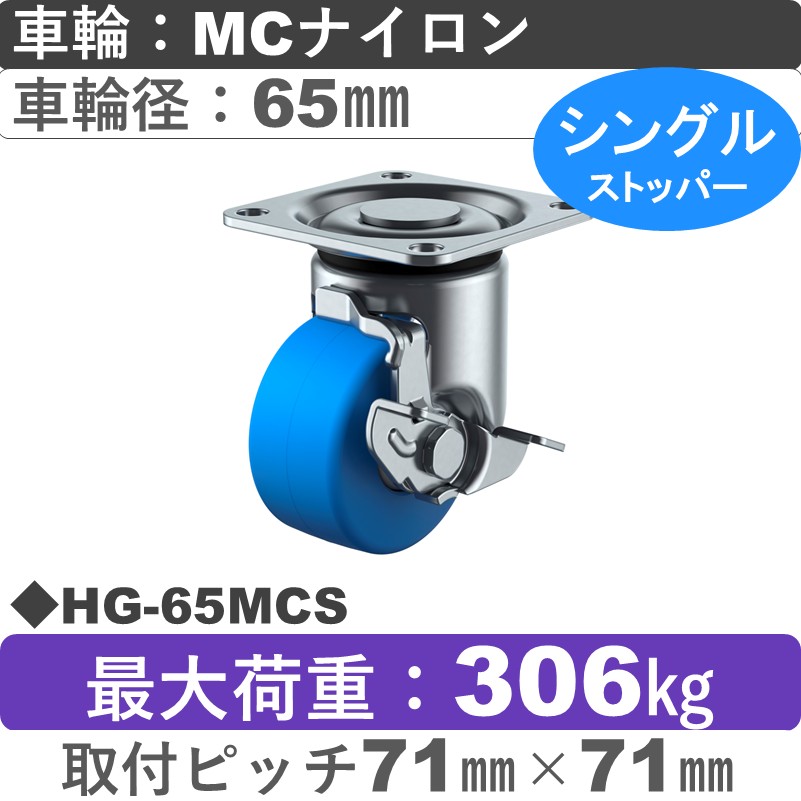 HG-65MCS ユーエイキャスター ストッパー付自在金具 モノマーキャストナイロン(B入)車輪65㎜